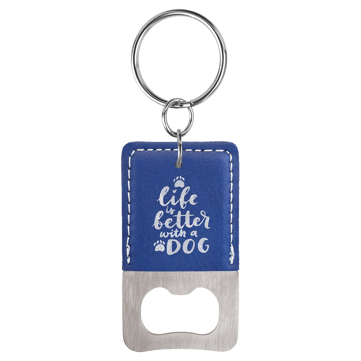 Engraved Rectangle Leatherette Bottle Opener Keychain - Blue/Silver