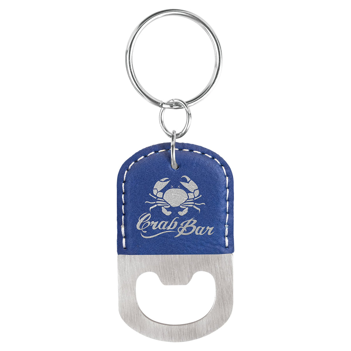 Engraved Oval Leatherette Bottle Opener Keychain - Blue/Silver