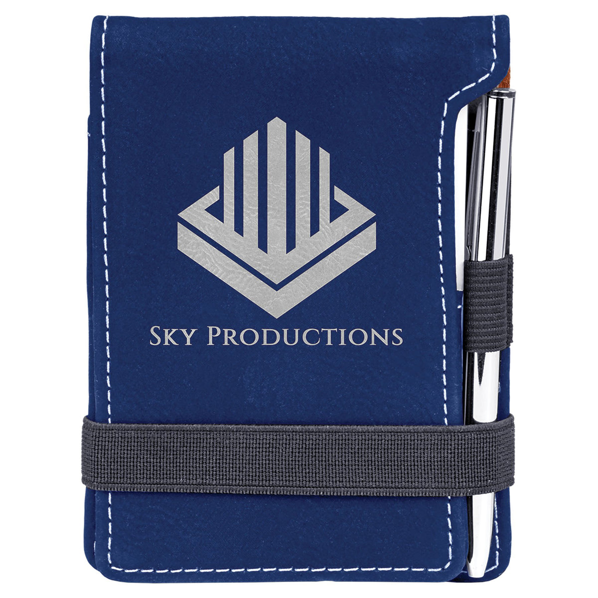Engraved Leatherette Mini Notepad with Pen - Blue/Silver