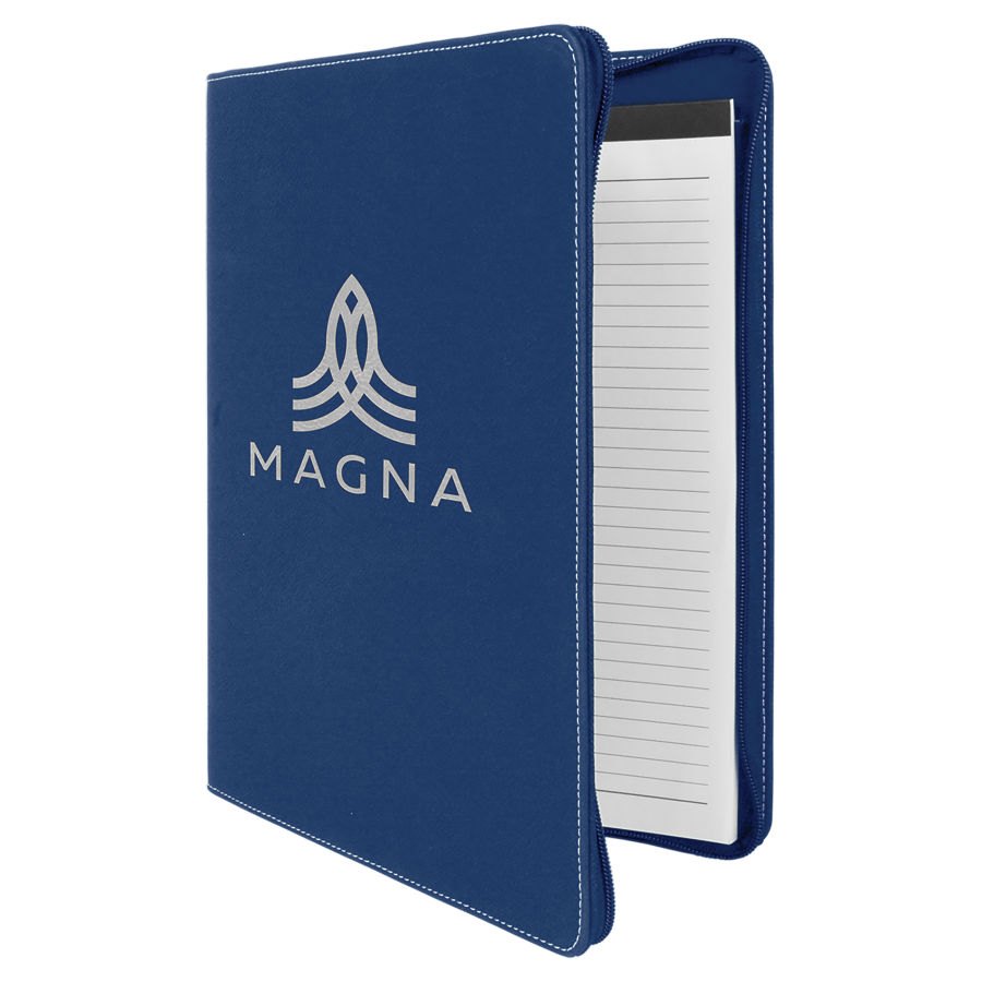 Engraved Leatherette Portfolio with Zipper and Notepad - Blue/Silver