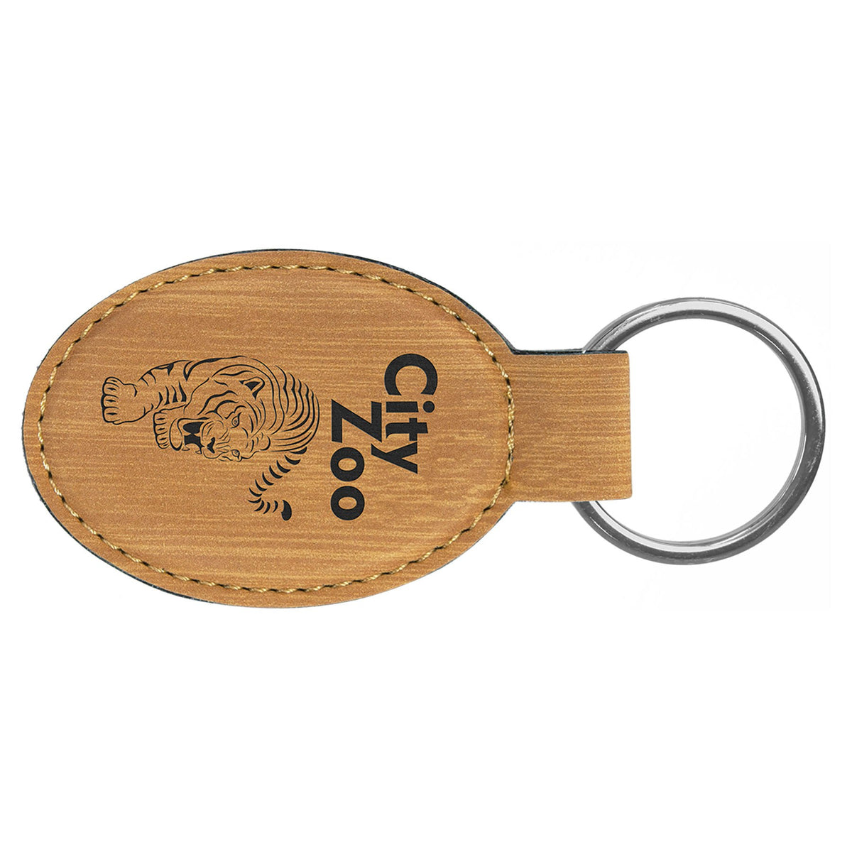 Engraved Leatherette Oval Keychain - Bamboo