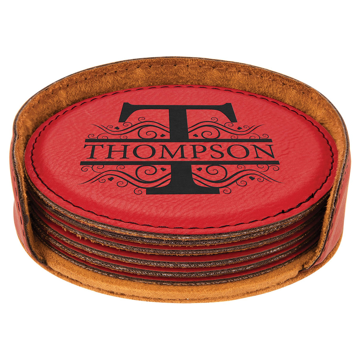 Engraved Round Leatherette 6-Coaster Set - Red