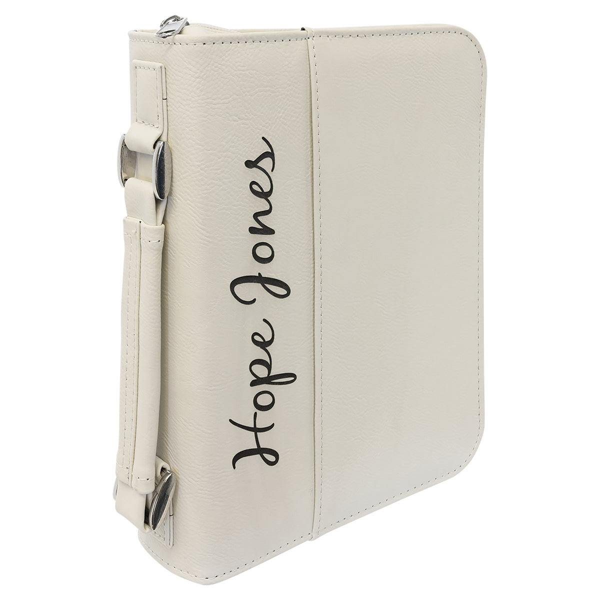 Engraved Leatherette Book and Bible Cover with Handle and Zipper - White / 6 3/4 x 9 1/4 in
