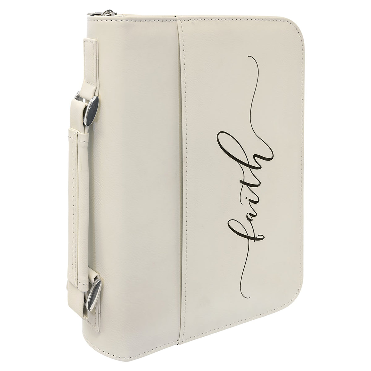 Engraved Leatherette Book and Bible Cover with Handle and Zipper - White / 7 1/2 x 10 3/4 in