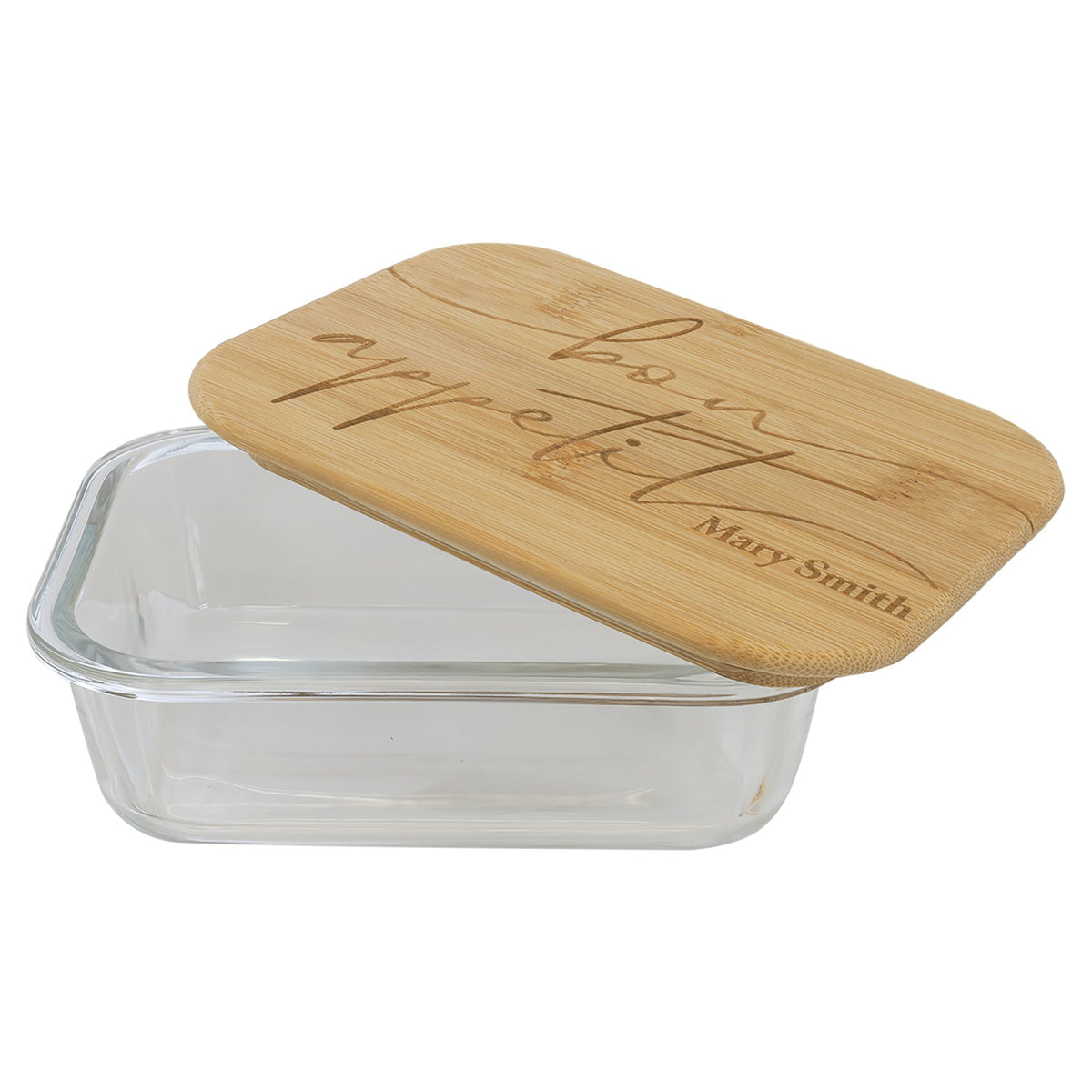Engraved Rectangle Glass Container with Bamboo Lid - 21 oz