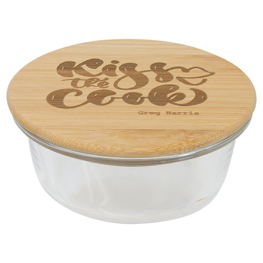 Engraved Round Glass Container with Bamboo Lid - 13 oz