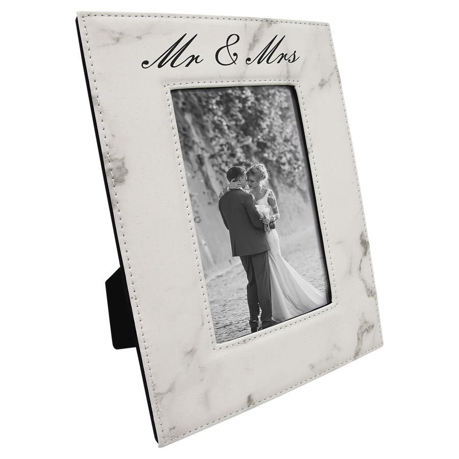 Engraved Leatherette Photo Frame - White Marble / 4 x 6 in