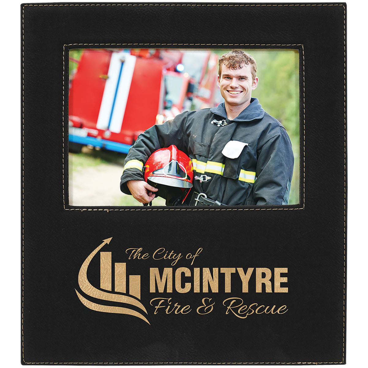 Engraved Leatherette Photo Frame with Personalization Area - Black/Gold / 5 x 7 in