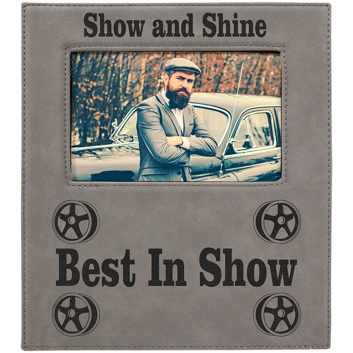 Engraved Leatherette Photo Frame with Personalization Area - Gray / 4 x 6 in