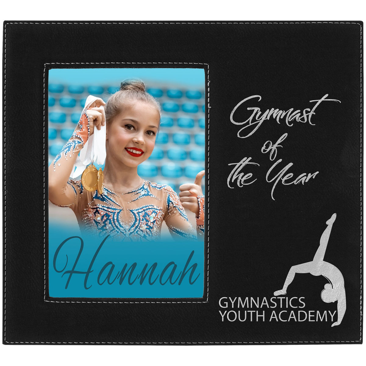 Engraved Leatherette Photo Frame with Personalization Area - Black/Silver / 5 x 7 in