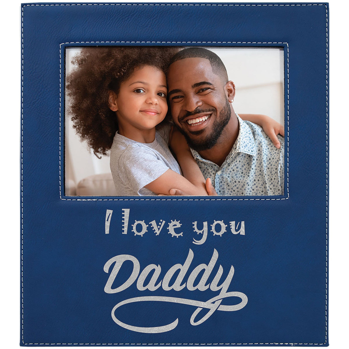 Engraved Leatherette Photo Frame with Personalization Area - Blue/Silver / 5 x 7 in