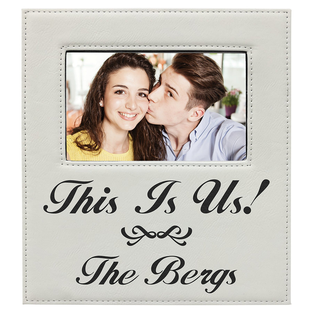 Engraved Leatherette Photo Frame with Personalization Area - White / 4 x 6 in