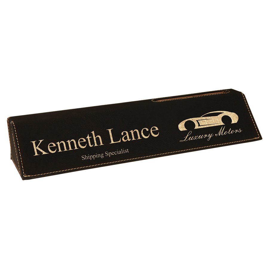 Engraved Leatherette Desk Wedge with Business Card Holder - Black/Gold
