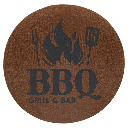 Engraved Round Genuine Leather Patch with Adhesive - Brown