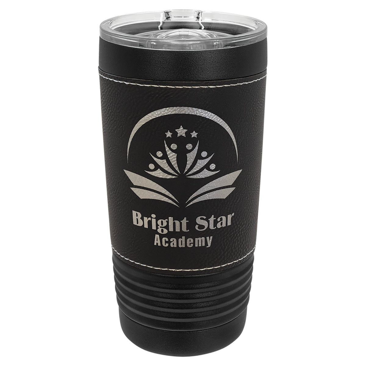 Engraved Polar Camel Black Tumbler with Leatherette Wrap and Slider Lid - Black/Silver