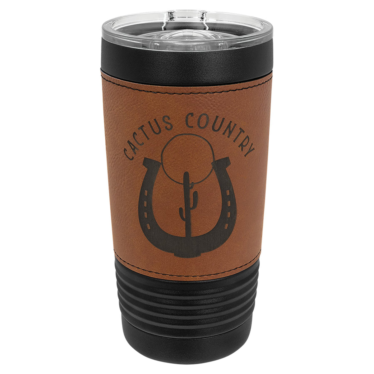 Engraved Polar Camel Black Tumbler with Leatherette Wrap and Slider Lid - Rawhide