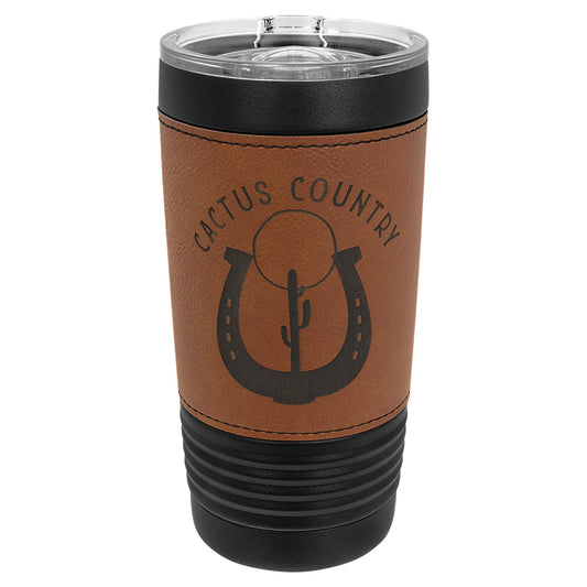 Engraved Polar Camel Black Tumbler with Leatherette Wrap and Slider Lid - Rawhide