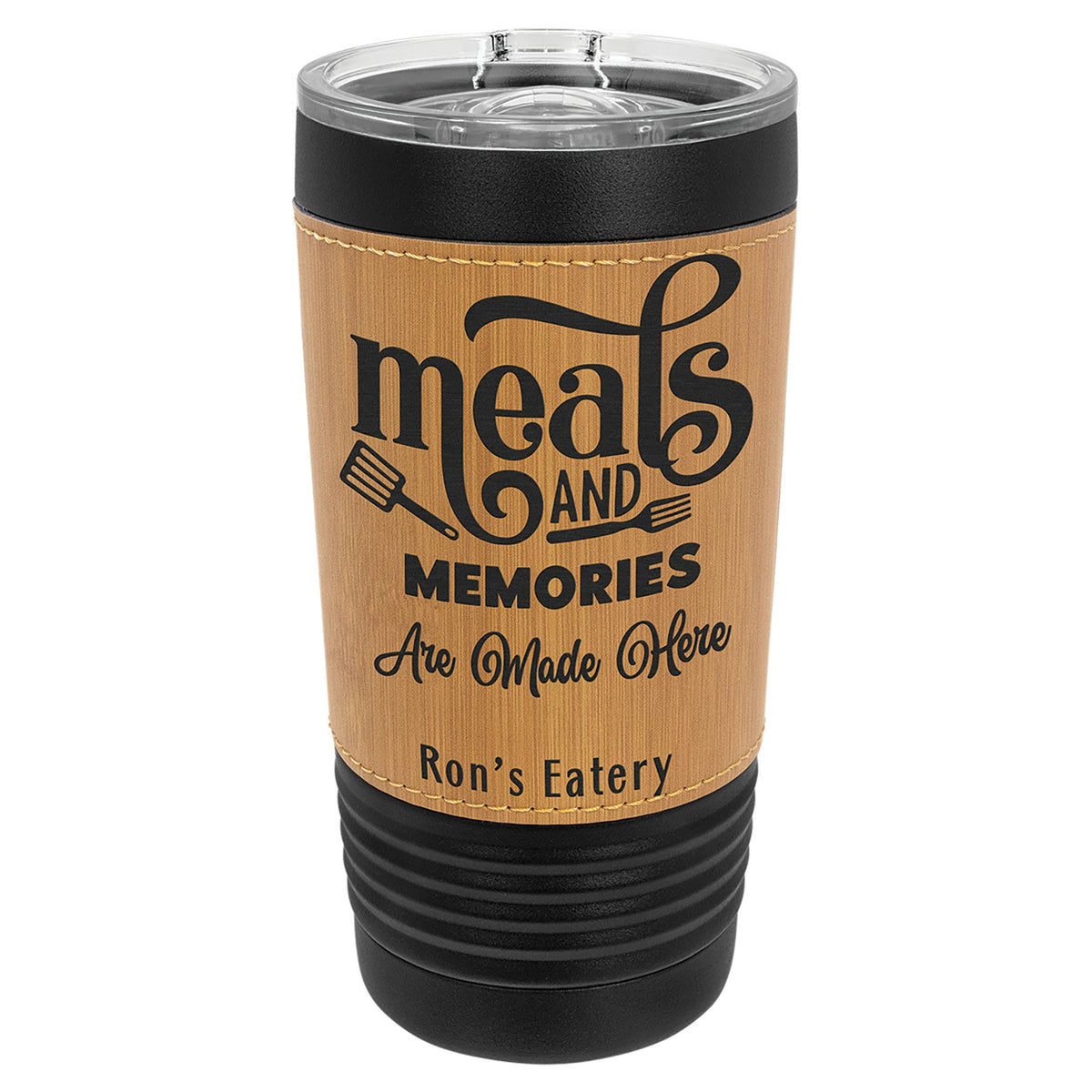 Engraved Polar Camel Black Tumbler with Leatherette Wrap and Slider Lid - Bamboo