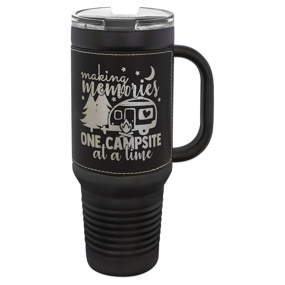 Engraved Polar Camel 40 oz Travel Mug with Leatherette Wrap, Handle and Straw - Black/Silver