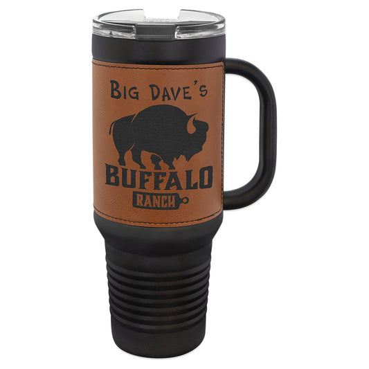 Engraved Polar Camel 40 oz Travel Mug with Leatherette Wrap, Handle and Straw - Rawhide