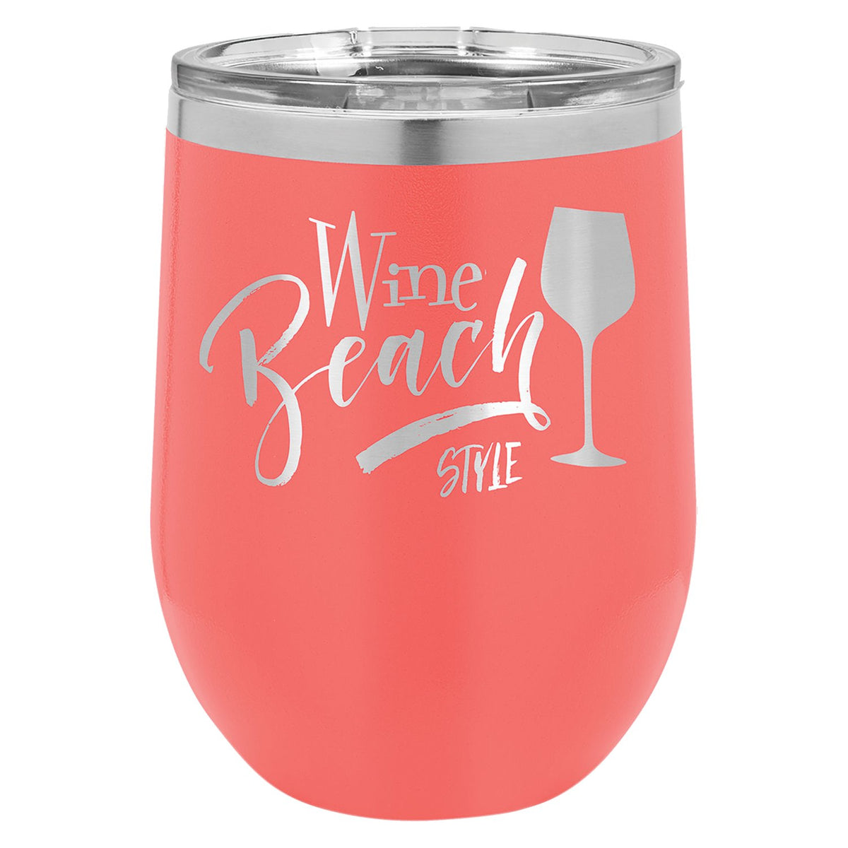 Engraved Polar Camel Stemless Wine Tumbler with Lid - Coral / 12 oz