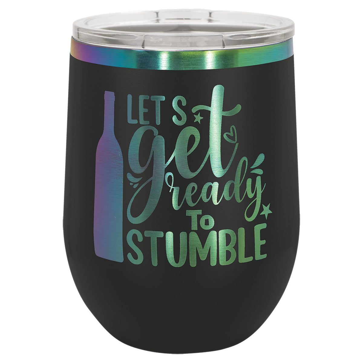 Engraved Polar Camel Stemless Wine Tumbler with Lid - Black/Prism / 12 oz