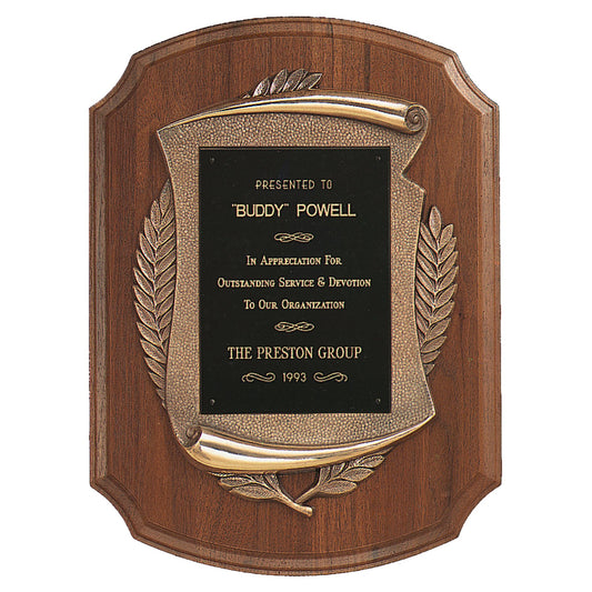 Engraved American Walnut Notch Corner Plaque with Antique Bronze Scroll and Brass Plate - Black Brass