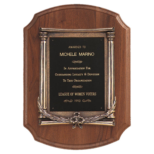 Engraved American Walnut Notch Corner Plaque with Antique Bronze Frame and Black Brass Plate