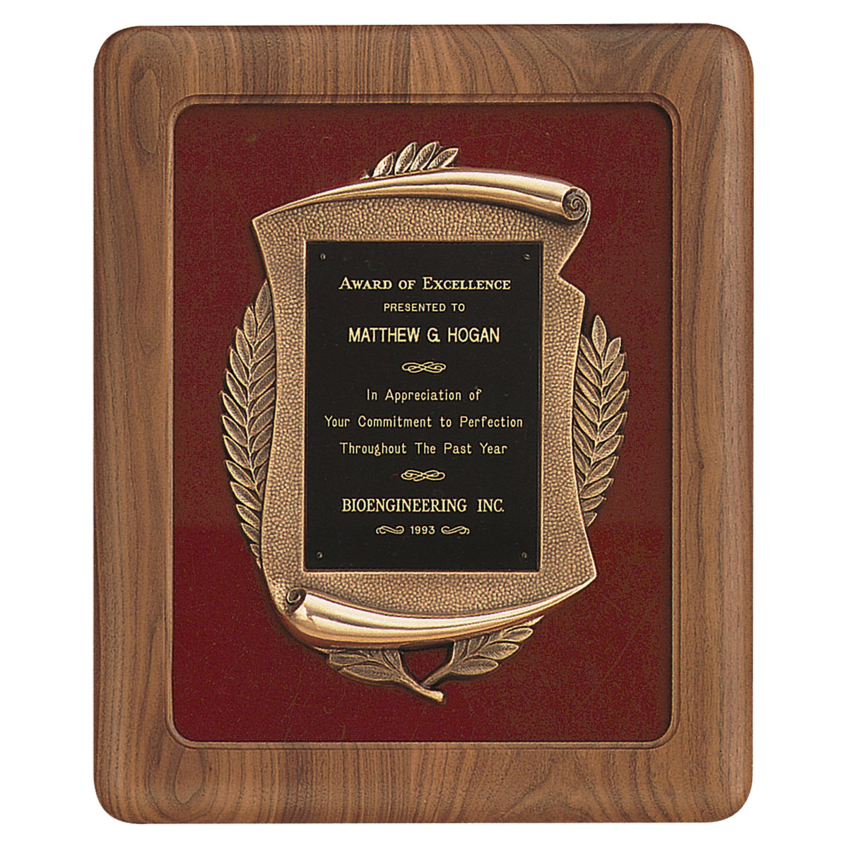 Engraved American Walnut Frame with Velour Back and Bronze Finish Frame and Black Brass Plate - Maroon Velour