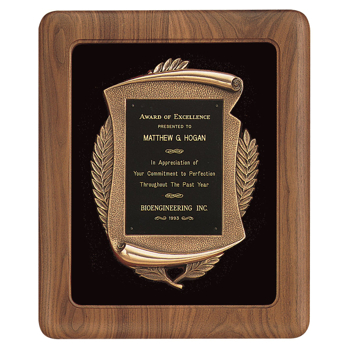 Engraved American Walnut Frame with Velour Back and Bronze Finish Frame and Black Brass Plate - Black Velour