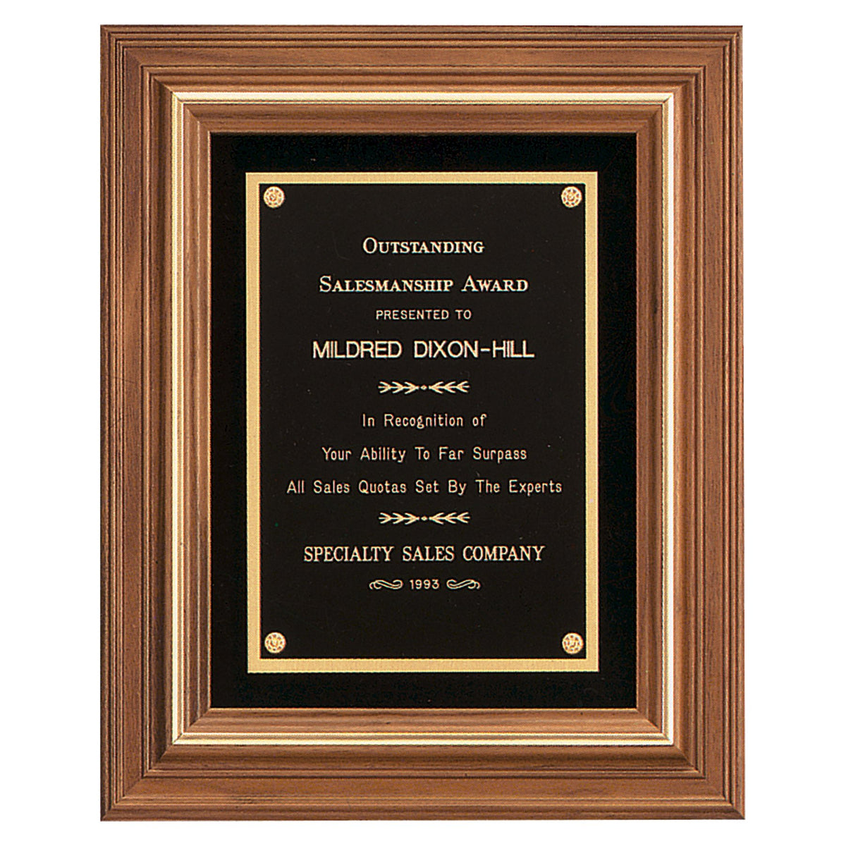 Engraved American Walnut Framed Plaque with Gold Trim, Black Velour Back and Black Brass Plate - 12 x 14 in