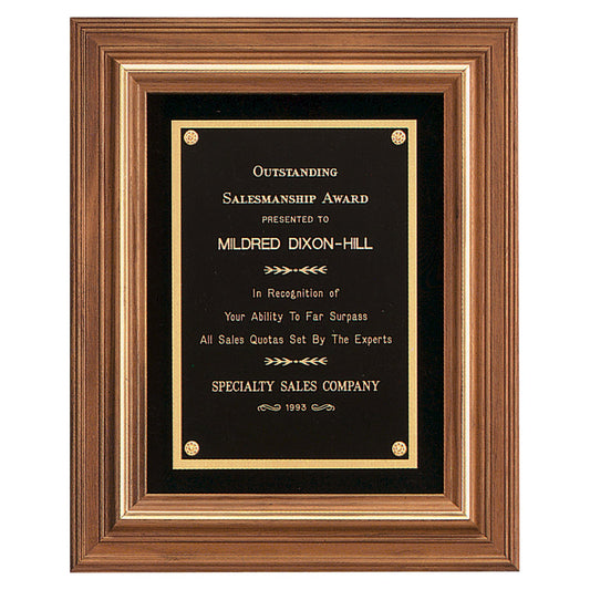 Engraved American Walnut Framed Plaque with Gold Trim, Black Velour Back and Black Brass Plate - 12 x 14 in