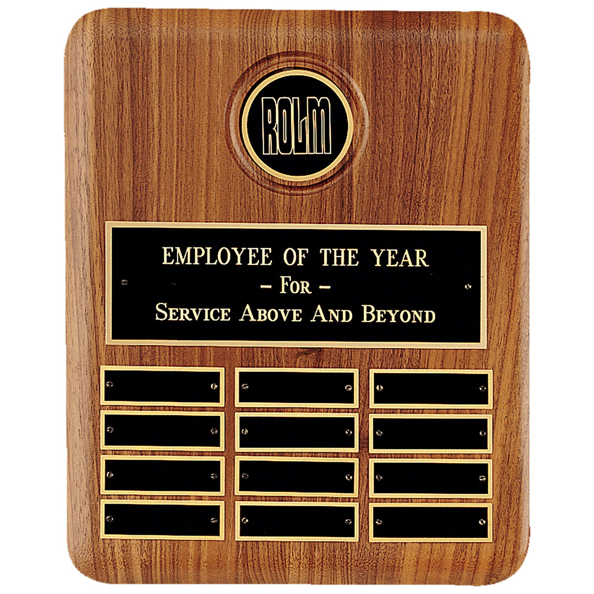 Engraved American Walnut 12-Plate Perpetual Plaque with 2 1/2 in Black Brass Disc and Brass Plate