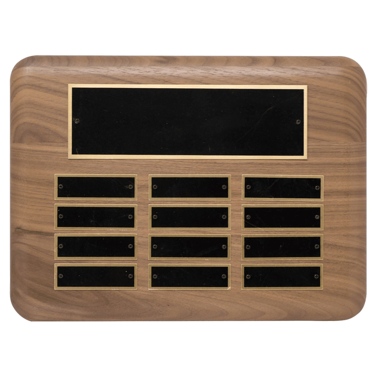 Engraved American Walnut Perpetual Plaque with Black Brass Plated Steel Plates - 9 x 12 in (12 plates)