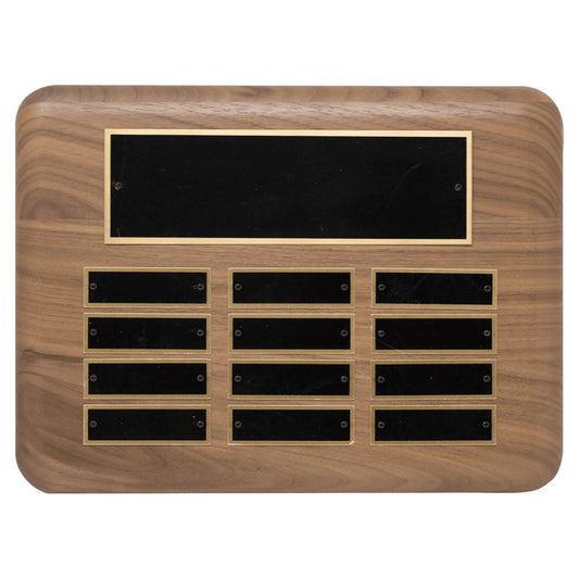 Engraved American Walnut Perpetual Plaque with Black Brass Plated Steel Plates - 9 x 12 in (12 plates)