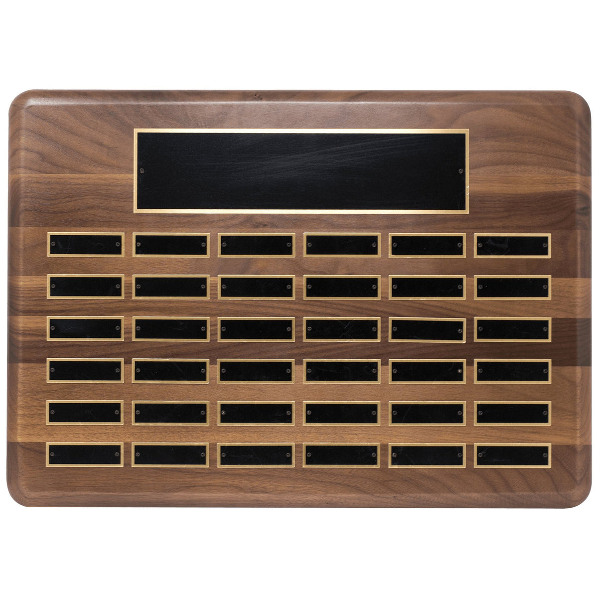 Engraved American Walnut Perpetual Plaque with Black Brass Plated Steel Plates - 15 x 21 in (36 plates)