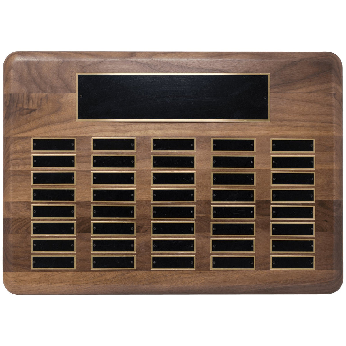 Engraved American Walnut Perpetual Plaque with Black Brass Plated Steel Plates - 15 x 21 in (40 plates)