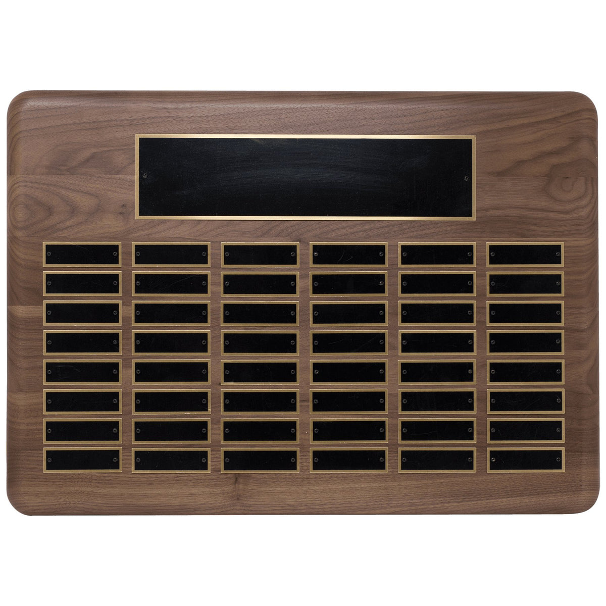 Engraved American Walnut Perpetual Plaque with Black Brass Plated Steel Plates - 15 x 21 in (48 plates)