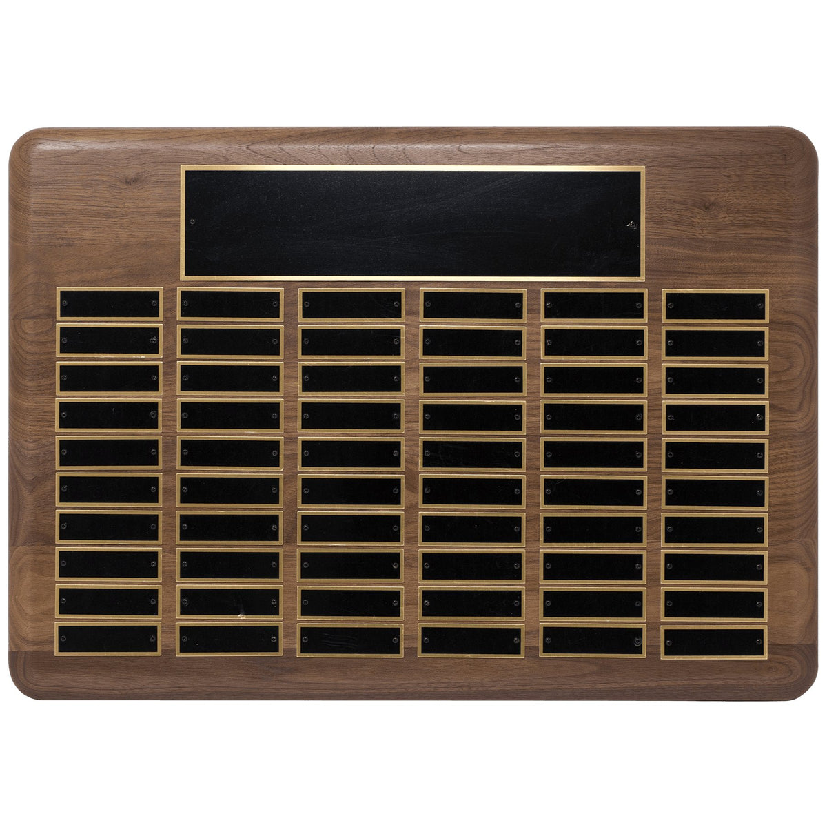 Engraved American Walnut Perpetual Plaque with Black Brass Plated Steel Plates - 15 x 21 in (60 plates)