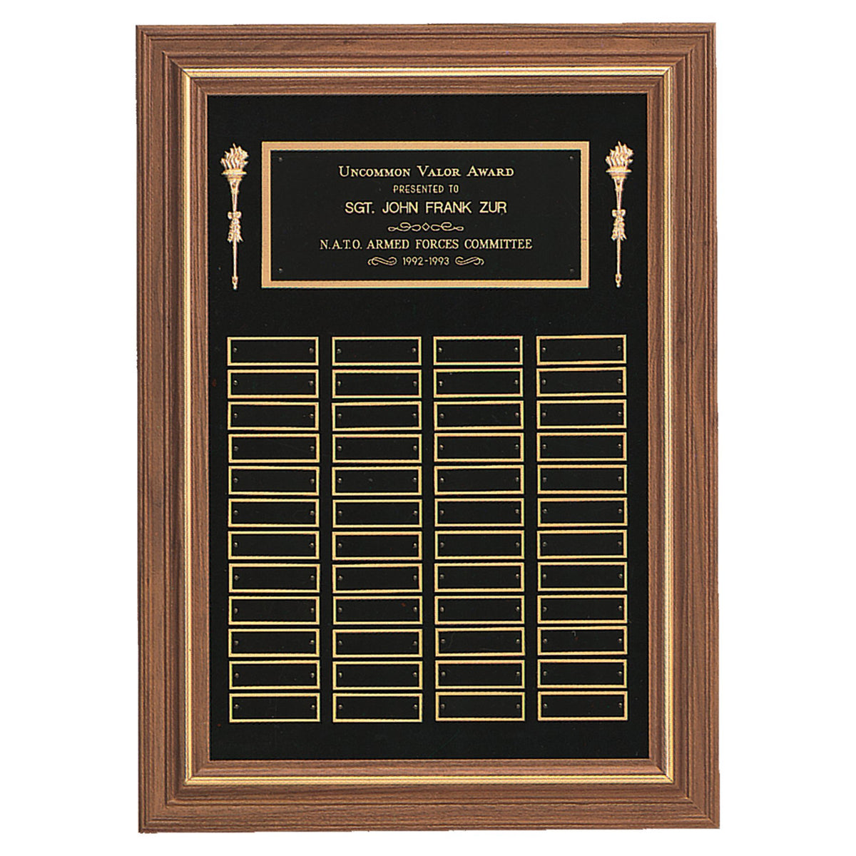 Engraved American Walnut Perpetual Plaque with Brass Plates - Black Brass / 18 x 25 in (48 plates, 7/8 x 2 3/4 in)