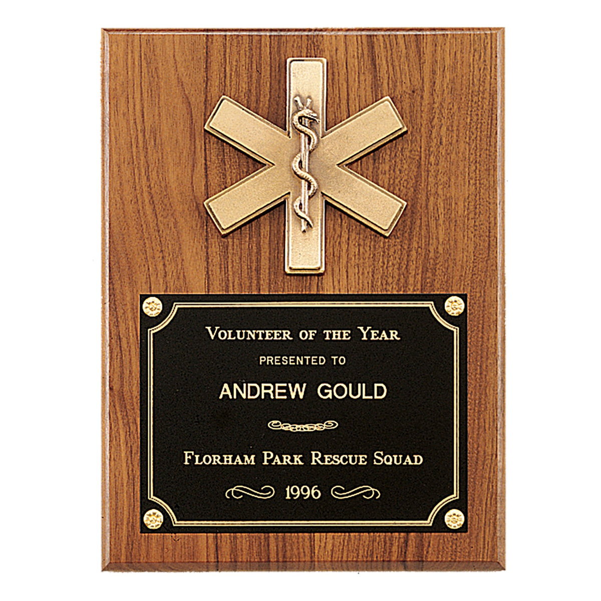 Engraved Walnut Plaque with Gold EMT Star of Life and Black Brass Plate