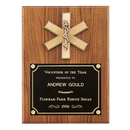Engraved Walnut Plaque with Gold EMT Star of Life and Black Brass Plate