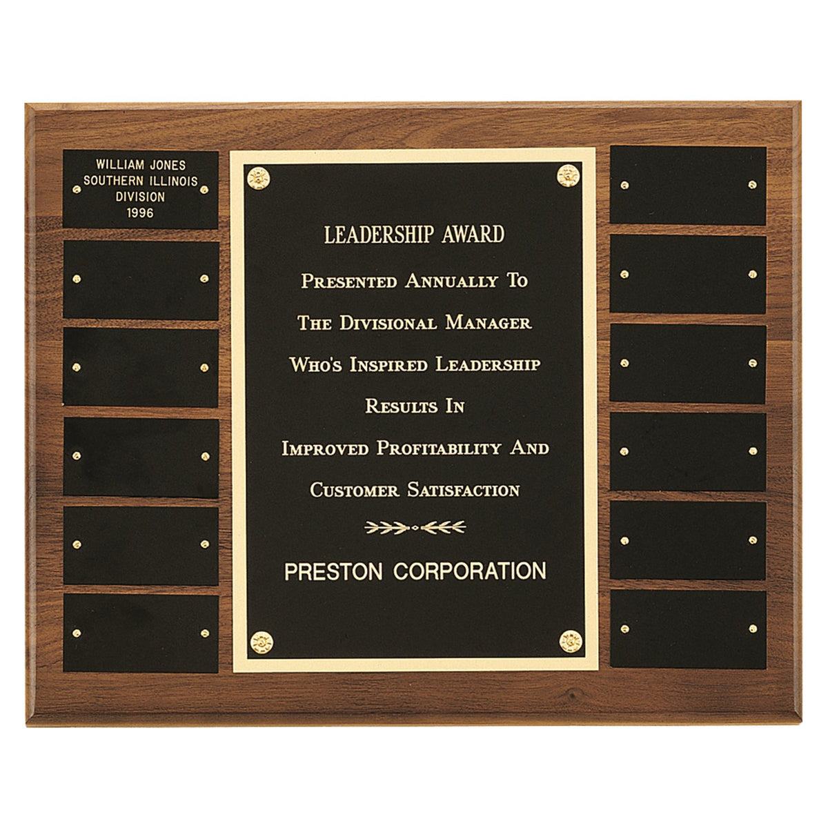 Engraved American Walnut Perpetual Plaque with Brass Plates - Black Brass / 12 x 15 in (12 plates, 1 1/2 x 3 in)