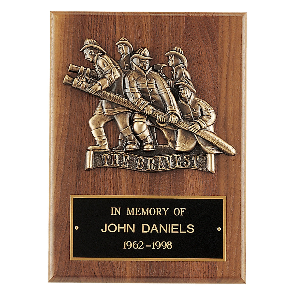Engraved American Walnut Plaque with Bronze Cast Fire Department "Bravest" and Black Brass Plate