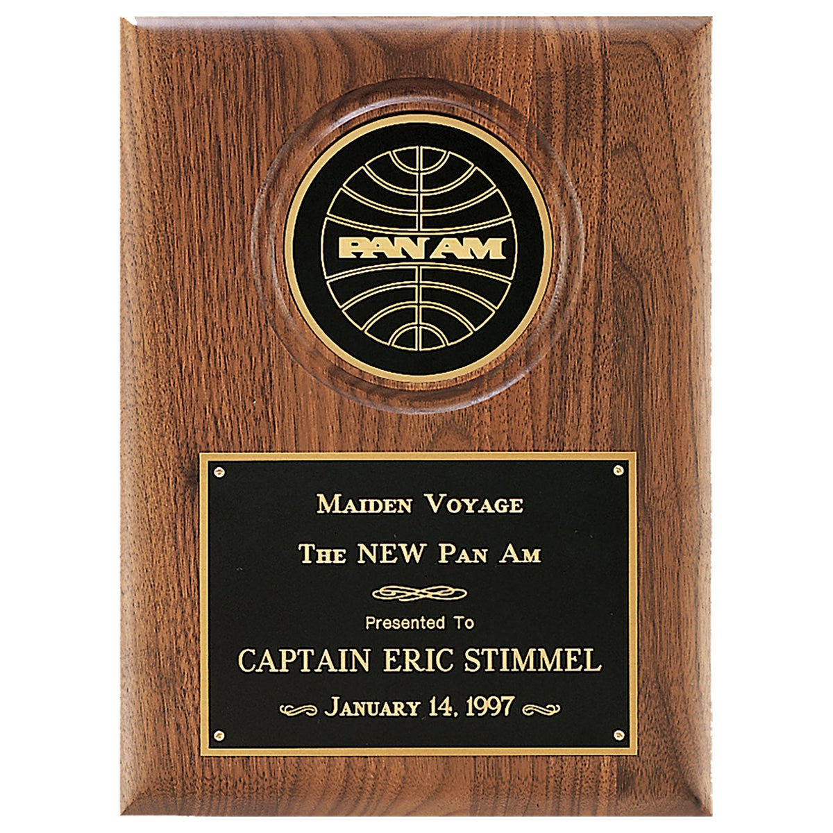 Engraved American Walnut Plaque with 4 in Diameter Black Disc and Black Brass Plate