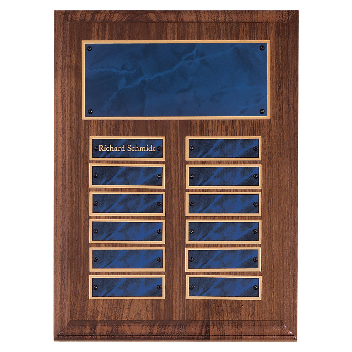 Engraved American Walnut Perpetual Plaque with Sapphire Marble Brass Plates - 9 x 12 in (12 plates)