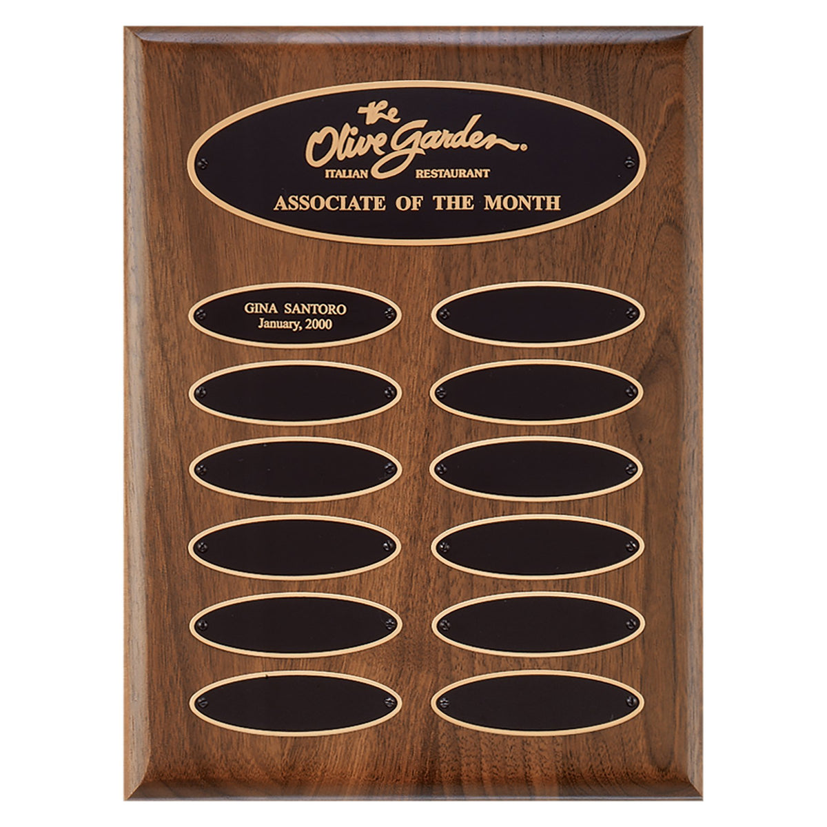 Engraved American Walnut 12-Plate Perpetual Plaque with Black Brass Elliptical Plates