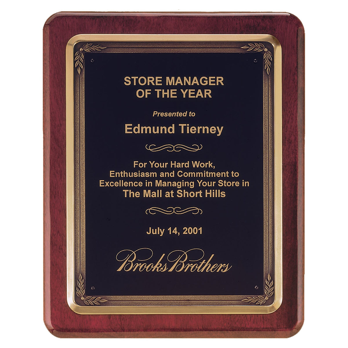 Engraved Rosewood Piano Finish Plaque with Bronze Finish Cast Frame and Black Brass Plate
