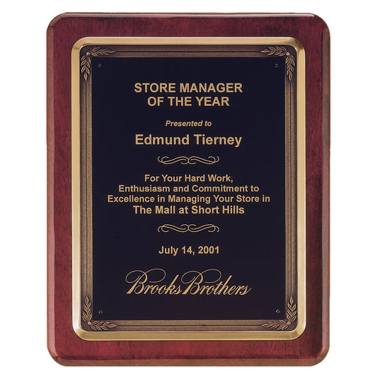 Engraved Rosewood Piano Finish Plaque with Bronze Finish Cast Frame and Black Brass Plate