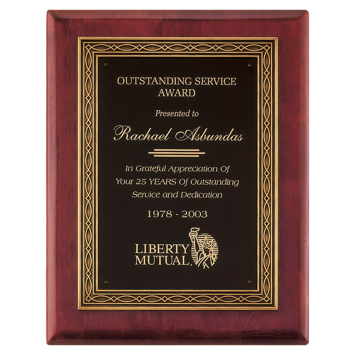 Engraved Rosewood Piano Finish Plaque with Antique Bronze Cast Frame and Black Brass Plate